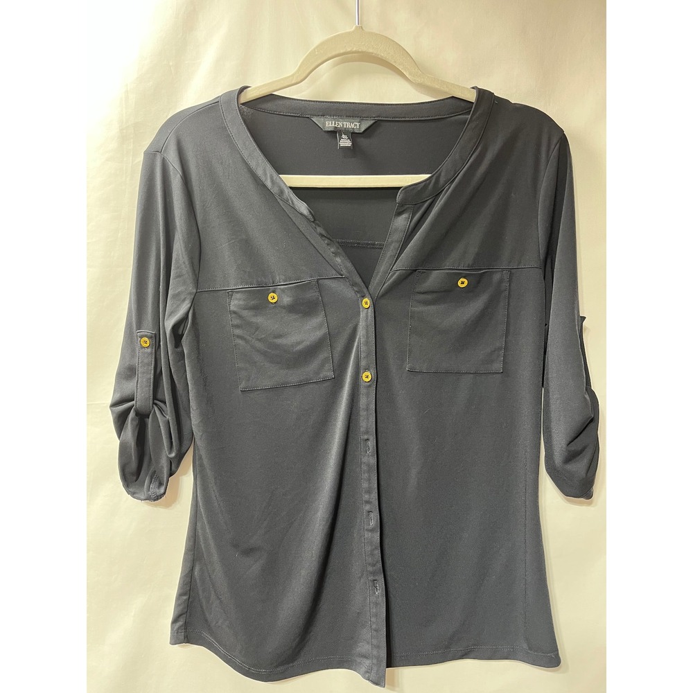 Ellen Tracy‎ Womens Black Roll Tab Sleeve Button Front Blouse Top Size Small